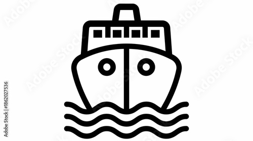 Ship Front View Icon Vector – Black and White Nautical Symbol for Maritime Transport, Travel, Shipping, Navigation, Infographics, and Graphic Design Projects