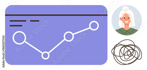 Line chart with nodes, person portrait representing user, tangled lines of confusion. Ideal for analytics, progress tracking, problem solving, complexity, business growth, learning brainstorming