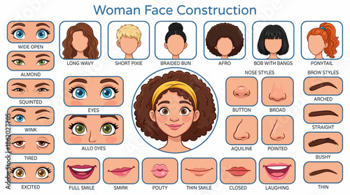 Vector Woman Face Construction Kit – Mix-and-Match Facial Features and Hairstyles for Character Design, Avatar Creation, and Educational Art Themes