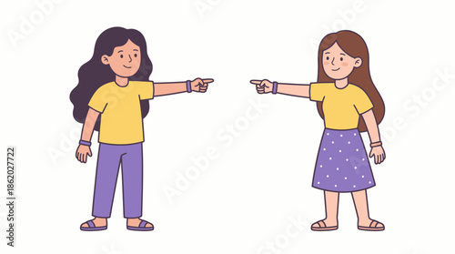 Vector Cartoon Girls Pointing Illustration – Stylized Portrait of Mutual Surprise or Blame Gesture for Youth Communication and Educational Design Themes