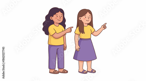 Vector Cartoon Girls Pointing Illustration – Stylized Portrait of Mutual Surprise or Blame Gesture for Youth Communication and Educational Design Themes