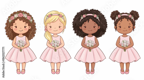 Vector Flower Girl Illustration Set – Cartoon Portraits of Diverse Children in Pink Dresses for Wedding, Celebration, and Youth Design Themes