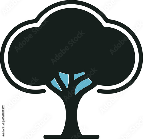 Stylish Black Tree Vector Graphic Icon with Blue Accents and White Outline for Design Projects