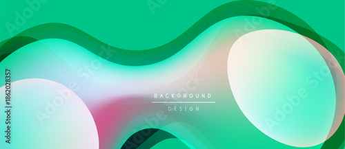 Abstract fluid shapes, vibrant green hues, soft pink accents. Modern design, smooth gradients create dynamic composition.