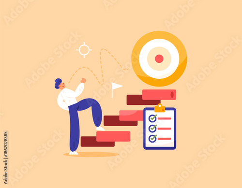 objective concept, job task mission. process of achieving or attaining goals, ideals, targets. effort to reach the top. illustration of a man climbing stairs to a dartboard. flat style design. orange 
