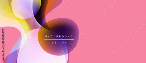 Abstract fluid shapes overlap, creating vibrant color gradients. Pink background complements design elements. Modern aesthetic.