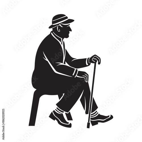 Elderly Man Sitting With Walking Cane