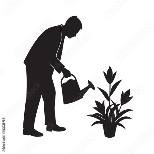 Elderly Man Watering Plants In Garden