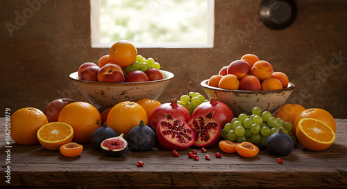 Assorted fruits arranged on a wooden table with bowls of apples, oranges, and grapes in a rustic room with natural light