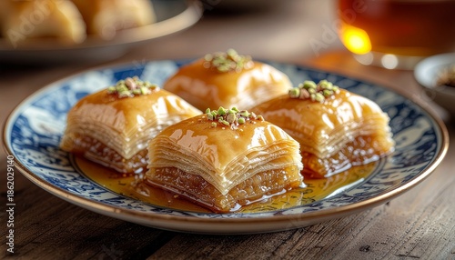 Four pieces of traditional golden baklava dessert, soaked in sweet syrup and topped with chopped pistachios, served on a decorative plate.