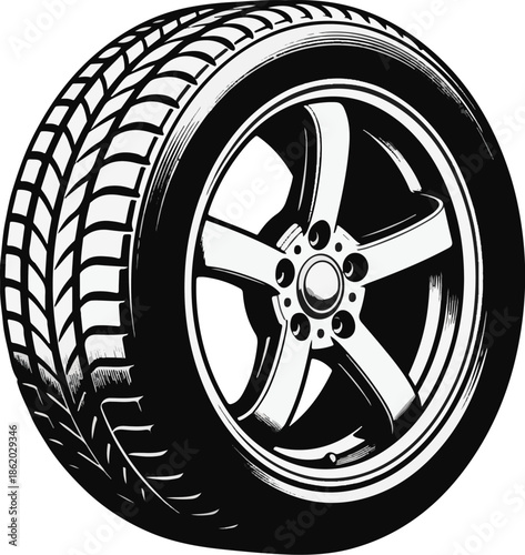 Car tire with sleek alloy wheel closeup