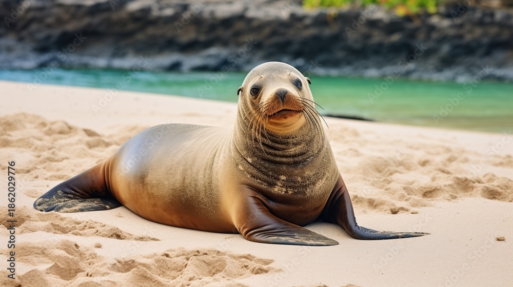 Fototapeta premium Playful sea lion resting on sunlit sandy beach by the calm blue water at shore