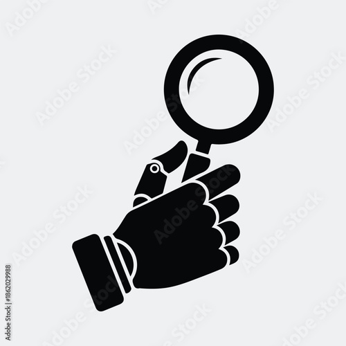 Silhouette robotic hand holding magnifying glass for search technology vector illustration