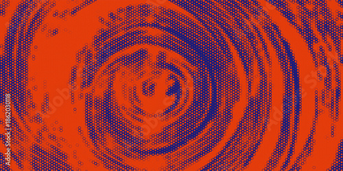 A striking abstract background featuring a bold spiral composition created with halftone dot textures. Intense red tones dominate the design, contrasted with deep blue dotted patterns