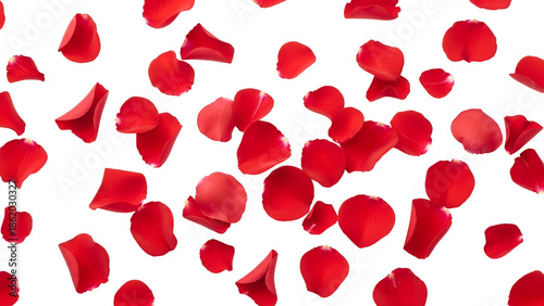 Scattered red rose petals on white background