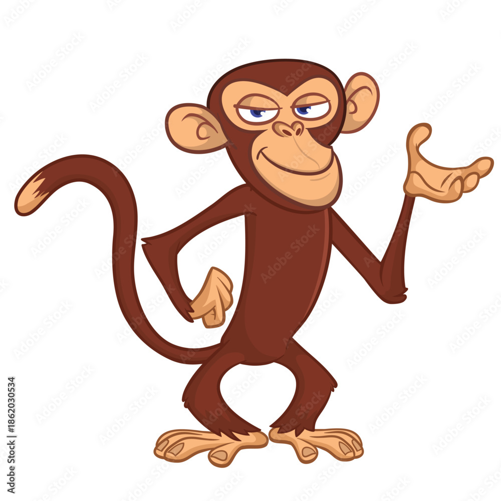 Fototapeta premium Cartoon funny brown monkey chimpanzee standing. Vector illustration isolated on white