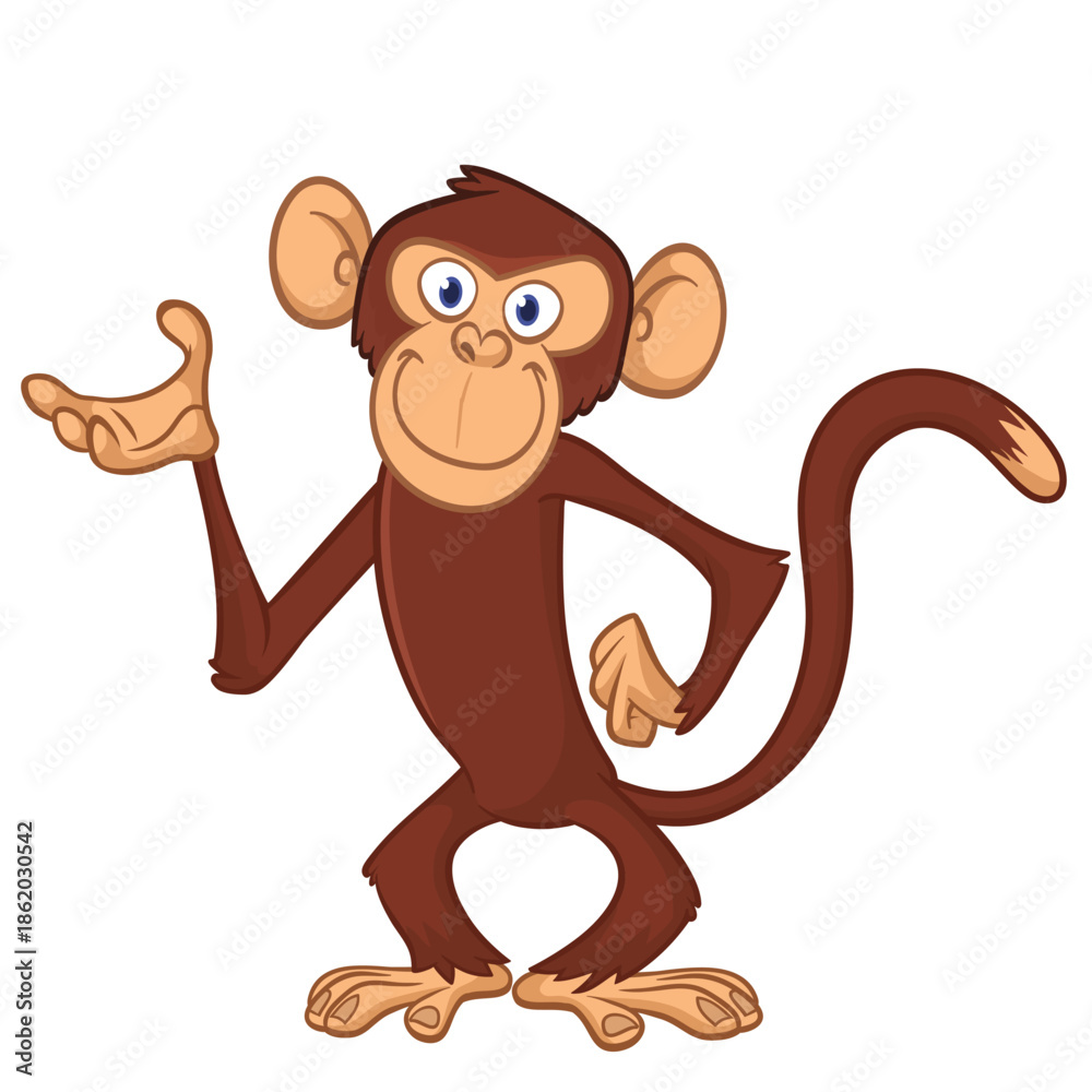 Fototapeta premium Cartoon funny brown monkey chimpanzee standing. Vector illustration isolated on white