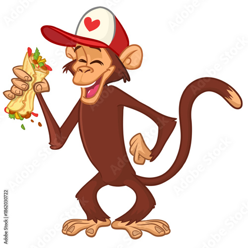 Cartoon funny monkey chimpanzee holding falafel or kebab in his hands. Vector illustration of happy monkey character design isolated.