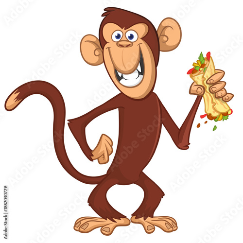 Cartoon funny monkey chimpanzee holding falafel or kebab in his hands. Vector illustration of happy monkey character design isolated.