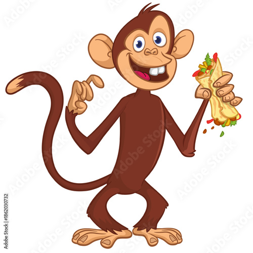 Cartoon funny monkey chimpanzee holding falafel or kebab in his hands. Vector illustration of happy monkey character design isolated.
