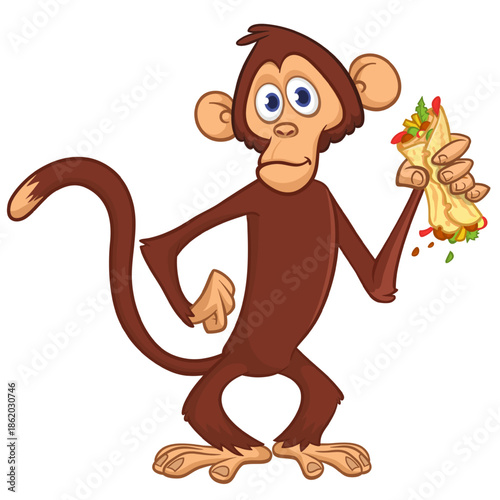Cartoon funny monkey chimpanzee holding falafel or kebab in his hands. Vector illustration of happy monkey character design isolated.