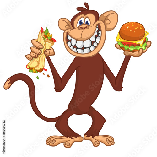 Cartoon funny monkey chimpanzee holding falafel or kebab and hamburger in his hands. Vector illustration of happy monkey character design isolated.