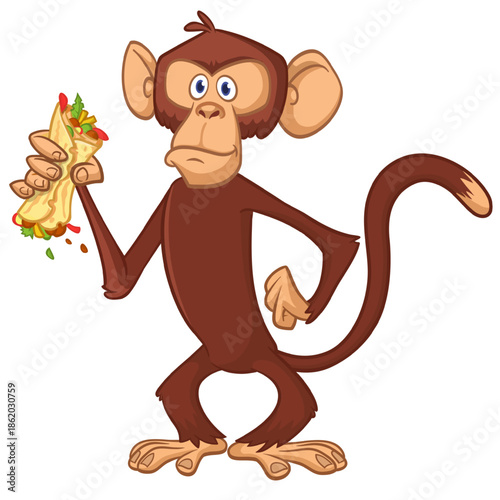 Cartoon funny monkey chimpanzee holding falafel or kebab in his hands. Vector illustration of happy monkey character design isolated.