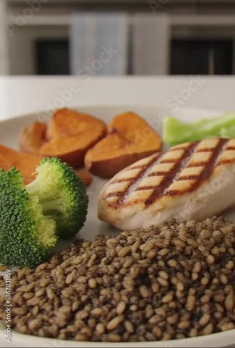 Grilled Chicken Breast with Vegetables and Lentils.
