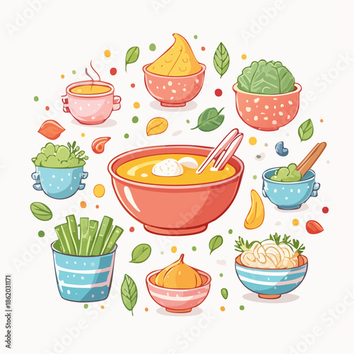 A cozy soup-themed icon set drawn in soft pastel style ideal for February comfort food themes