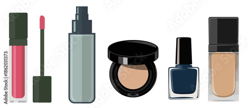 Clean vector illustration of different cosmetic products on transparent background with subtle shadows and modern design.