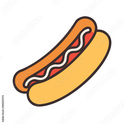 cartoon hot dog with ketchup and mustard in a bun
