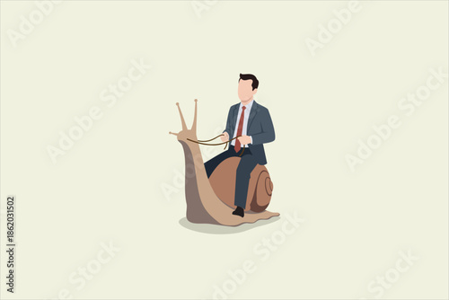 Businessman riding a snail, flat vector illustration symbolizing slow progress, patience, delayed success, and steady business growth, isolated on light background. Vector illustration.