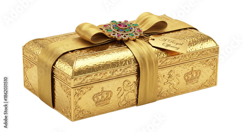 Unveiling a magnificent golden treasure chest, an elegant presentation that evokes a grand sense of discovery and a joyful epiphany of splendid giving