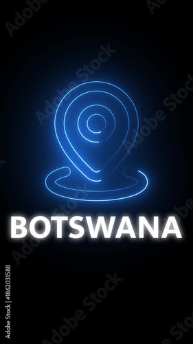 Neon blue location pin icon with the word BOTSWANA in white text on a dark background Botswana