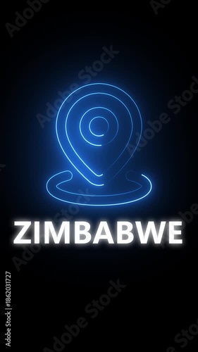 Neon blue location pin icon with the word ZIMBABWE in white text on a dark background Zimbabwe