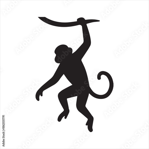Silhouette monkey hanging from branch primate animal vector illustration