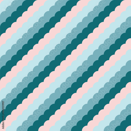 Pattern created from rows of overlapping shades of teal blue and pale pink circles