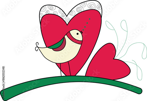 Whimsical heart shaped bird perched on green branch happily