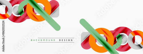Abstract design features colorful ribbons, curves, lines. Minimalist composition suits modern backgrounds, presentations. Clean aesthetic.