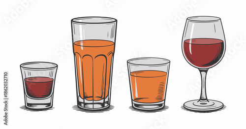 Glasses With Beverages, Four Different Drink Types Showing Varied Liquid Levels, Transparent Glassware and Modern Vector Illustration