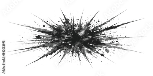 Dynamic black ink burst with radiating lines and splatters on a clean white canvas