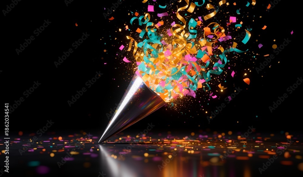 Fototapeta premium Colorful confetti bursts from silver party popper against dark background, celebrating joy and festivity.