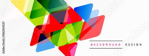 Abstract colorful triangles overlap white space. Modern design elements create dynamic visual texture. Bright hues suggest energy, innovation.