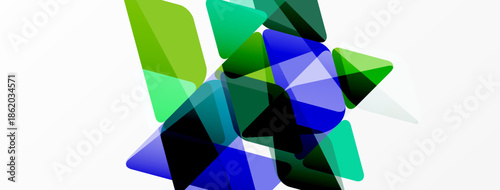 Abstract geometric shapes overlap, creating vibrant color blends. Greens, blues dominate composition, suggesting movement, energy.