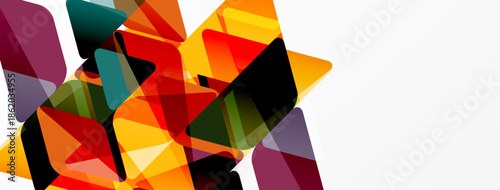 Abstract geometric shapes overlap, creating vibrant color contrasts. Composition features warm tones alongside cool shades, dynamic design.