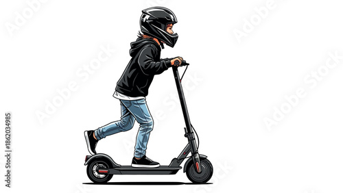 Kid on Scooter: A young rider, donned in safety gear, confidently cruises on a scooter, a symbol of freedom and youthful adventure. Capturing the spirit of exploration and active lifestyles. 