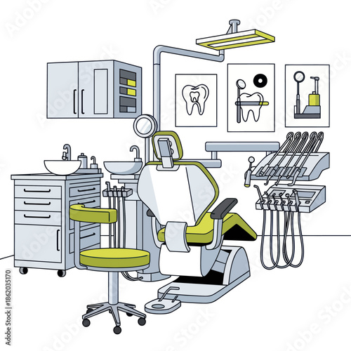 Dental Clinic Chair and Equipment Illustration.
