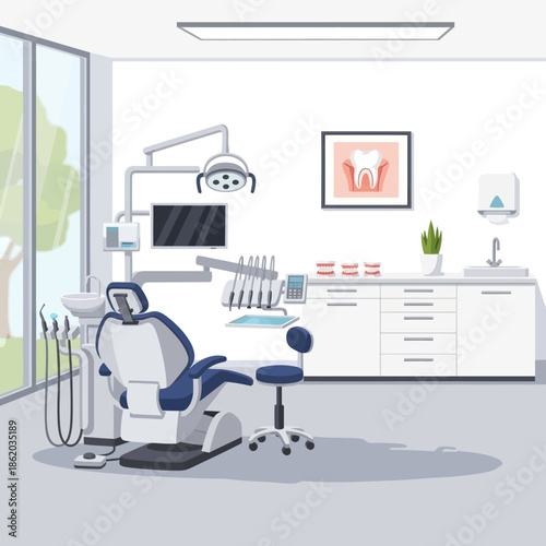 Modern Dentist Office with Dental Chair Equipment.