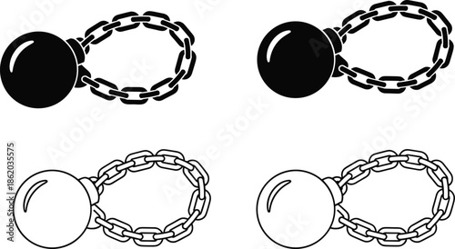 Black and White Vector Ball and Chain Shackles Icon Set for Prison Slavery Debt Punishment Justice and Criminal Law Concept
