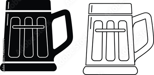 Beer Mug Icon Set with Solid Black Silhouette and Line Art Style Illustrations Isolated on White Background for Bar Brewery Design